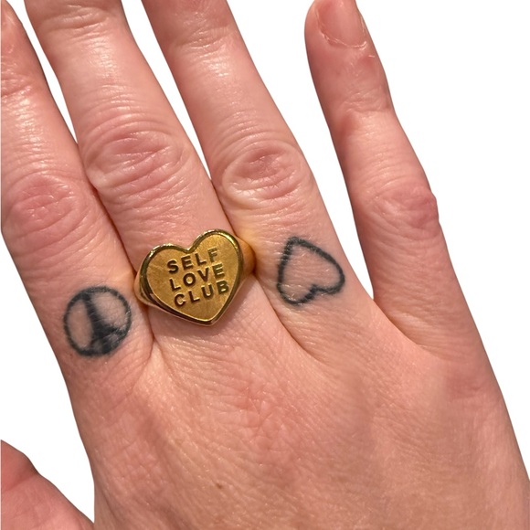 Jewelry - New Gold Plated Heart Signet Ring “Self Love Club” Engraved Jewelry Size 7